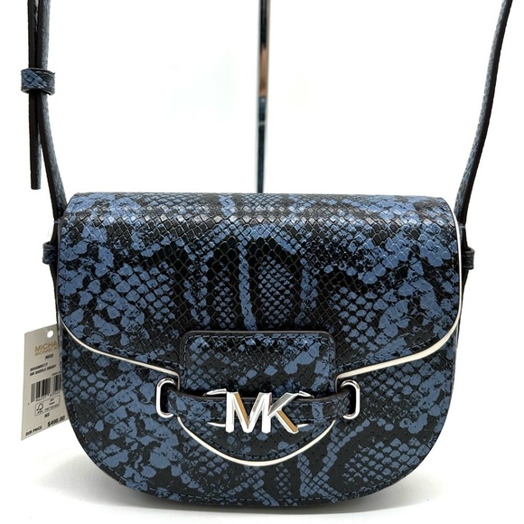 Michael Kors Small Reed Leather Saddle Crossbody Bag Snakeskin Denim - Picture 2 of 11